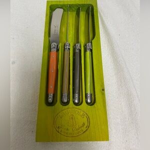 Laguiole Jean Dubost 4-Piece Spreader Knife Set Green Wood Box Orange Brown HTF